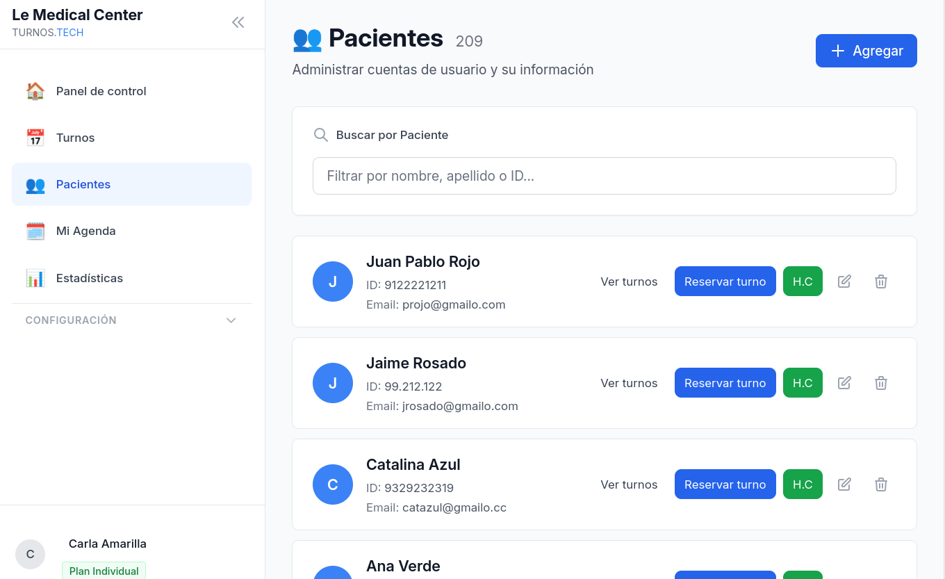 Listado de pacientes de Turnos.Tech con acceso directo a historia clínica y reserva de turno