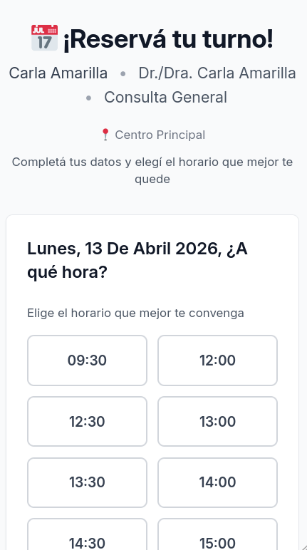 Página pública de reserva de turnos de Turnos.Tech en el celular, mostrando los horarios disponibles