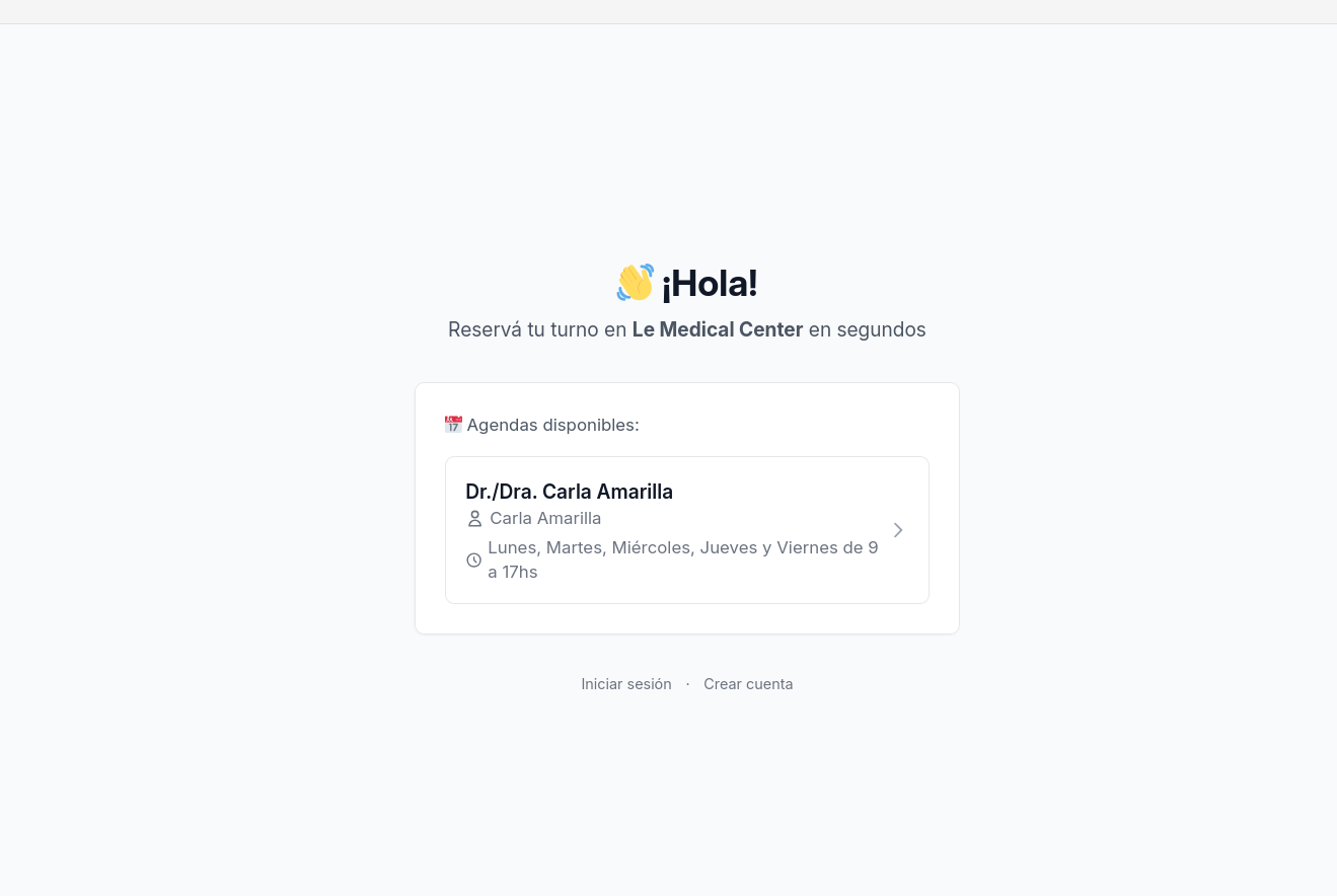 Página de reserva de Turnos.Tech mostrando las agendas disponibles del negocio
