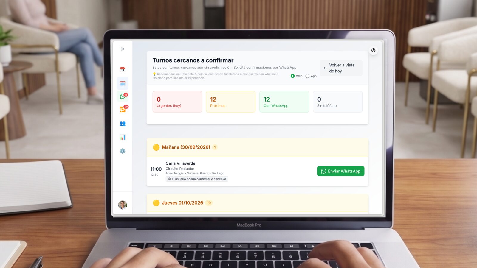 Panel de confirmaciones de Turnos.Tech con turnos próximos y envío de WhatsApp en un clic