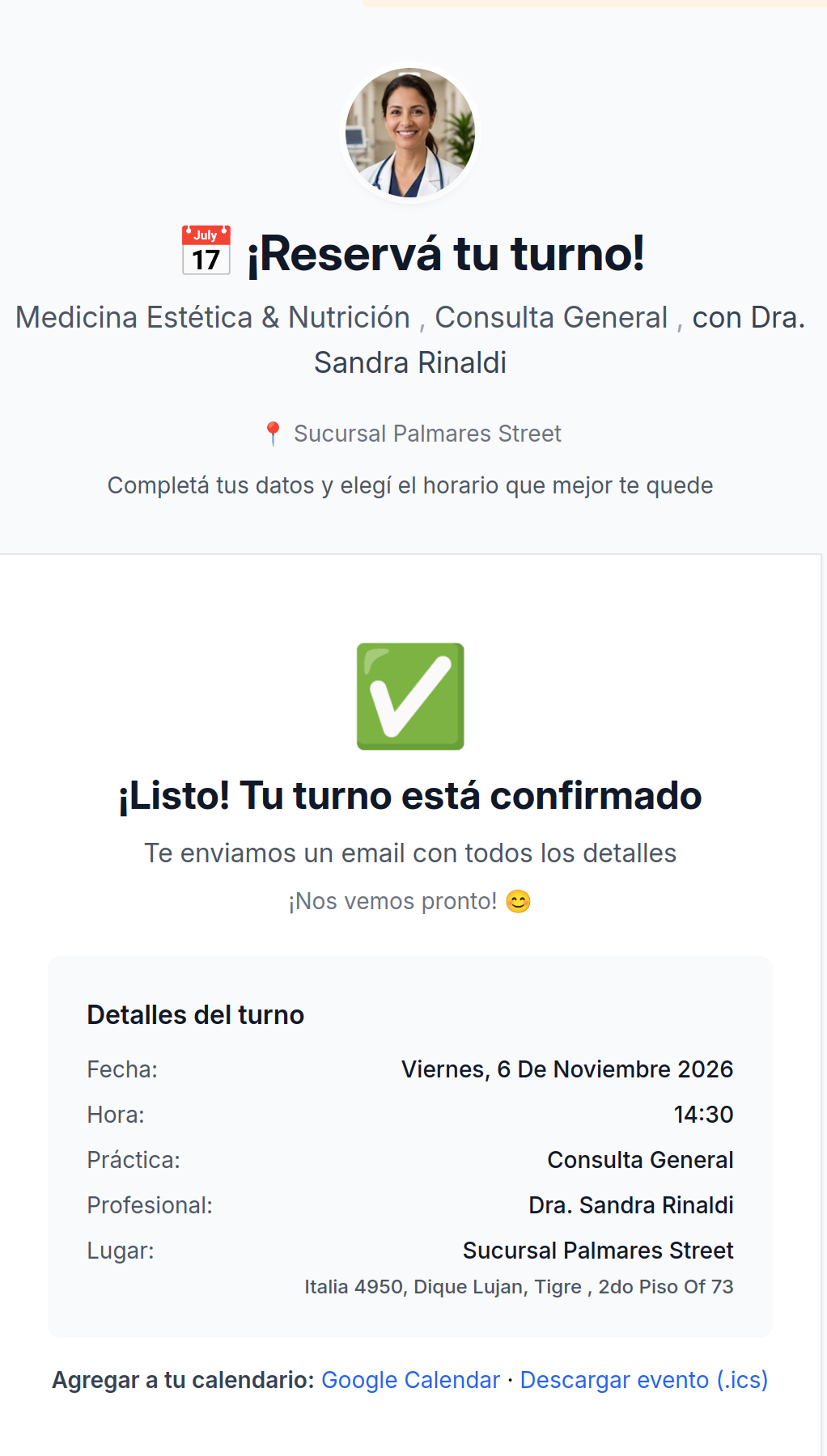 Reserva online: turno confirmado